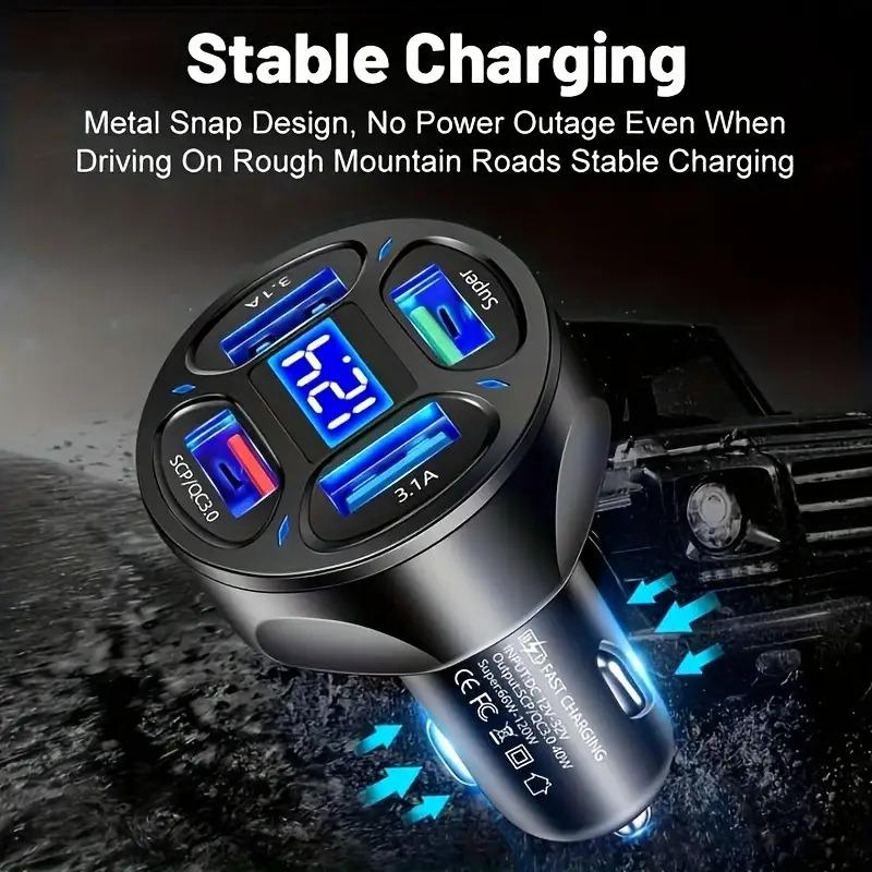 66W 4 Port USB Car Charger Adapter with LED Voltage Display Fast Charging for 12-24V Vehicles