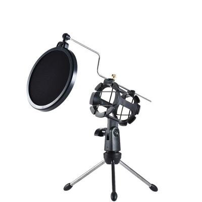 Adjustable Desktop Microphone Stand Mic Clip Tripod Holder with Pop Filter Double Mesh Screen