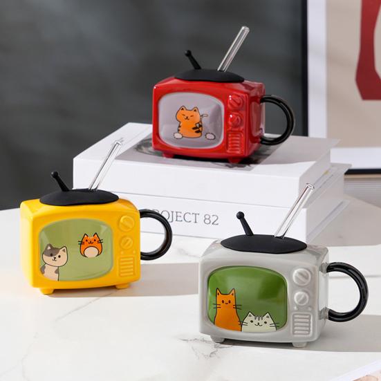 Retro Cat TV Ceramic Mug with Lid & Straw 450ml Cute Coffee Cup Leak-Proof Heat Resistant TV Shape Milk Beer Mugs Novelty Gift Home Decor