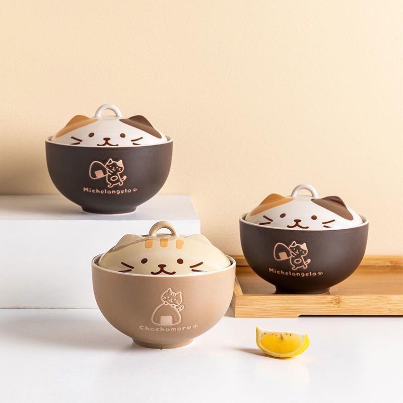 Japanese Cat Ceramic Noodle Bowl with Lid – Cute Ramen, Noodle, and Soup Bowl for Home or Gift