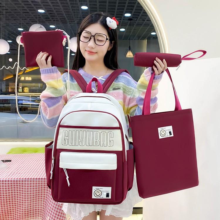 New Contrast Colors College Junior High School Backpack Large Capacity Elementary School Four-piece School Bag Commuter Light Backpack