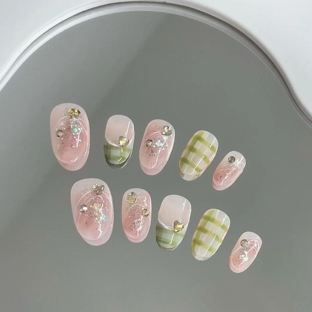 10Pcs Short Handmade Pink Press On Nails Spring French Rhinestone Full Cover Fake Nail Plaid Manicure Wearable Nail Tips Art