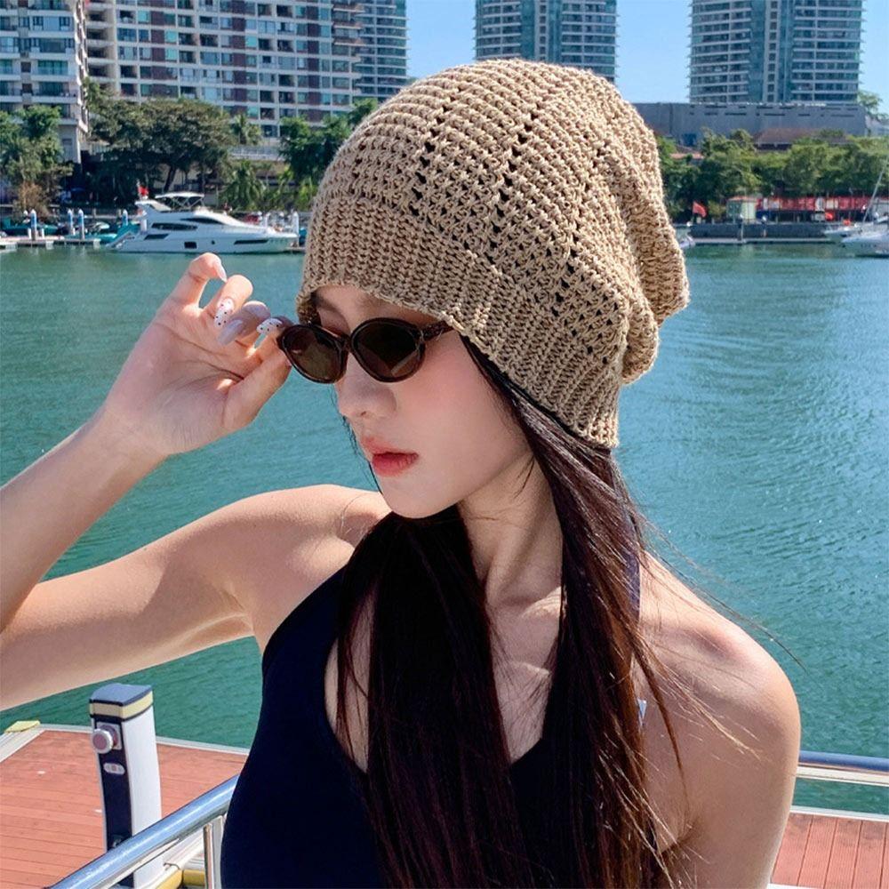 Multicolor Beanie Hollow Knitting Cap Fashionable Stacked Hat  Spring Summer
