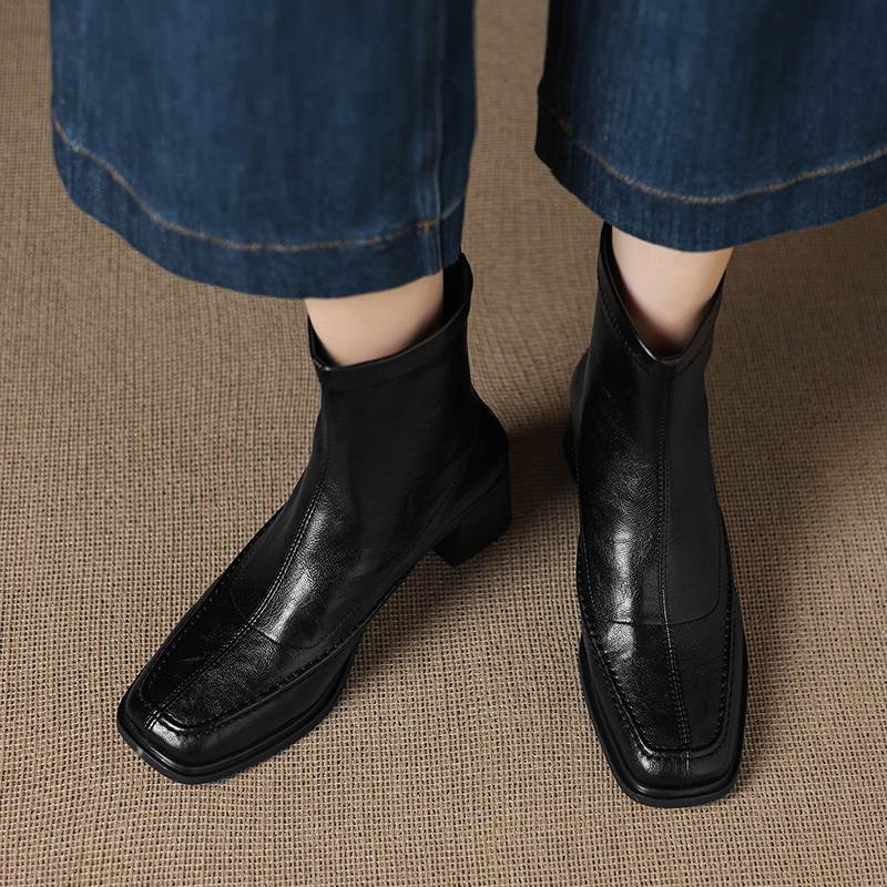 Krazing Pot Botines Chelsea de Puntera Cuadrada con Tacón Grueso de Microfibra Talla 42 Cremallera Decoración Plisada para Mujer Botines Elásticos en el Tobillo