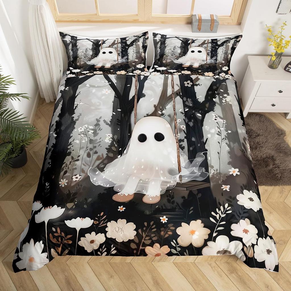 Cartoon Ghost Pink Duvet Cover Cute Black Cat Pet Animal Kitten Quilt Cover Happy Halloween Theme Bedding Set with 2 Pillowcases