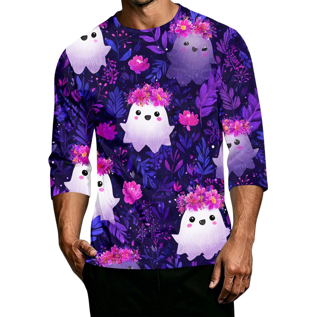 Men's Casual Halloween Print Crew Neck 3/4 Sleeve T-Shirt Lightweight Breathable Fabric Comfortable Fit
