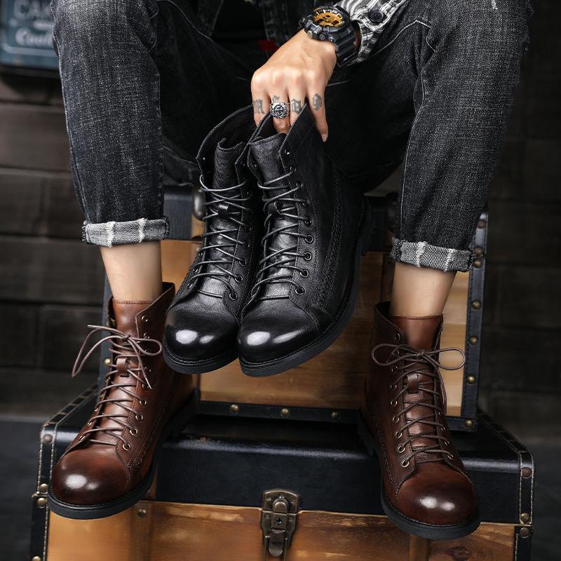 Men's Vintage Riding Biker Boots Casual Work Motorcycle Boots Lightweight Combat Ankle Dress Booties for Men Non-Slip Lace-Up Retro Chukka Boots Shoes