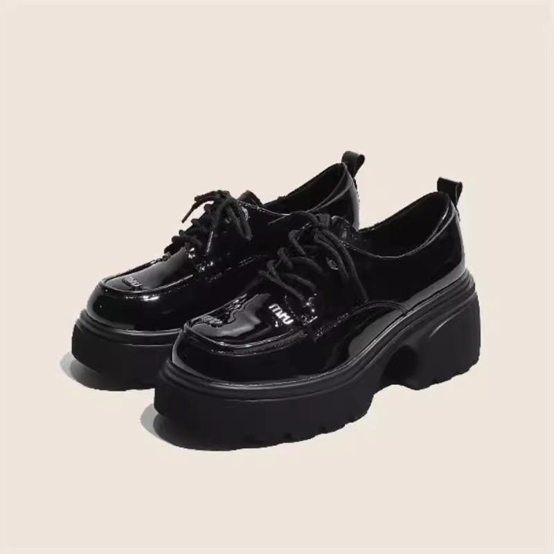 

British style platform heightening small leather shoes 2025 spring black leather loafers lace-up versatile thick heel single shoes 35 чёрный