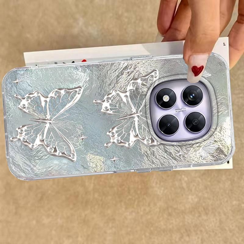 For Redmi Note 14 Pro Plus 13 11 12 Pro 14S 11S 10S 9 Pro Max 9S 8 Pro 5G Ro 4G Phone Case Silver Butterfly Pattern Silicone Bag