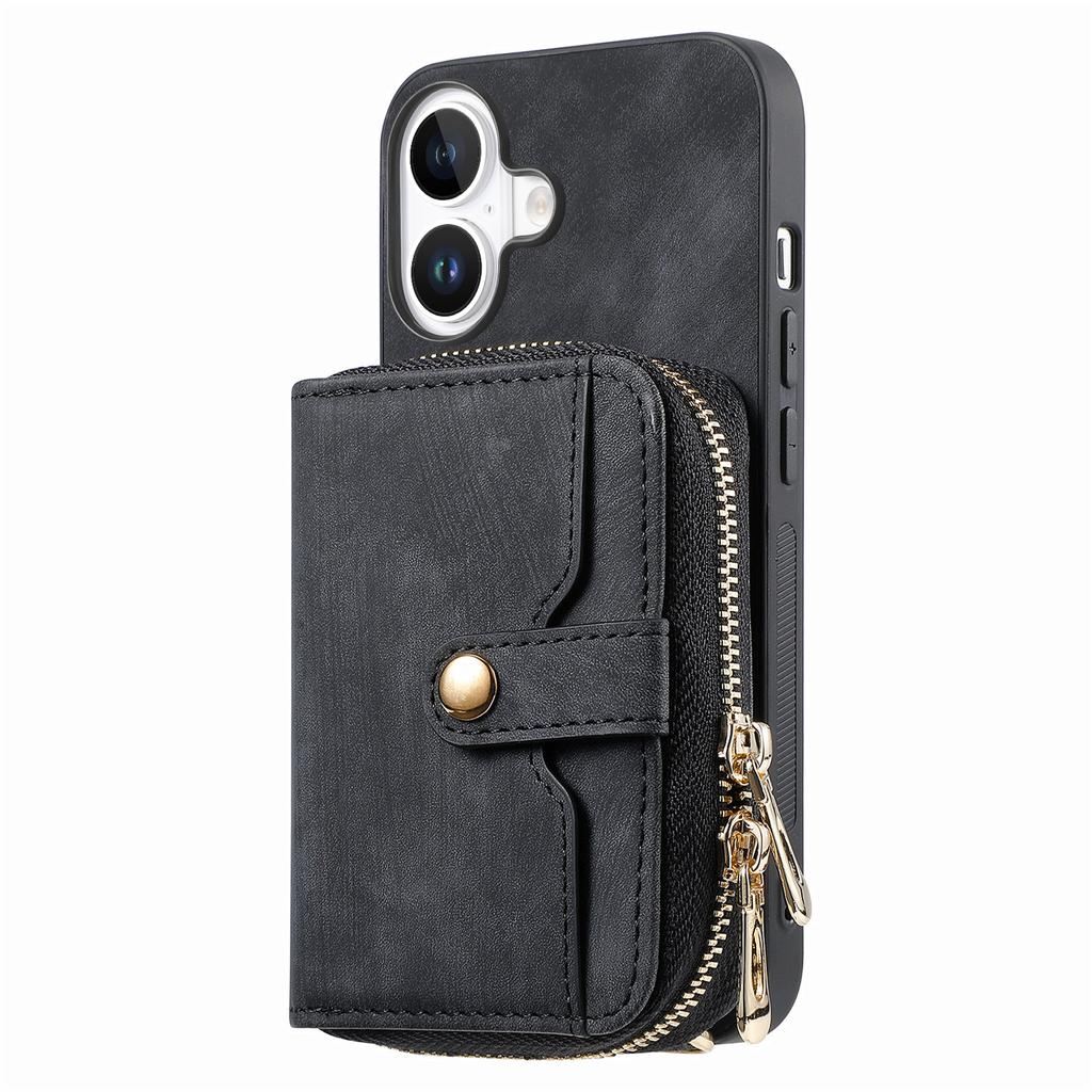 For iPhone 16 Case Zipper Card Holder PU Leather Phone Back Cover with Long Strap