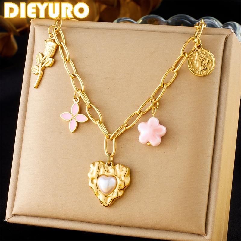 DIEYURO 316L Stainless Steel Pink Flower Rose Heart Pearl Pendant Necklace For Womens New Fashion Neck Chain Jewelry Gift