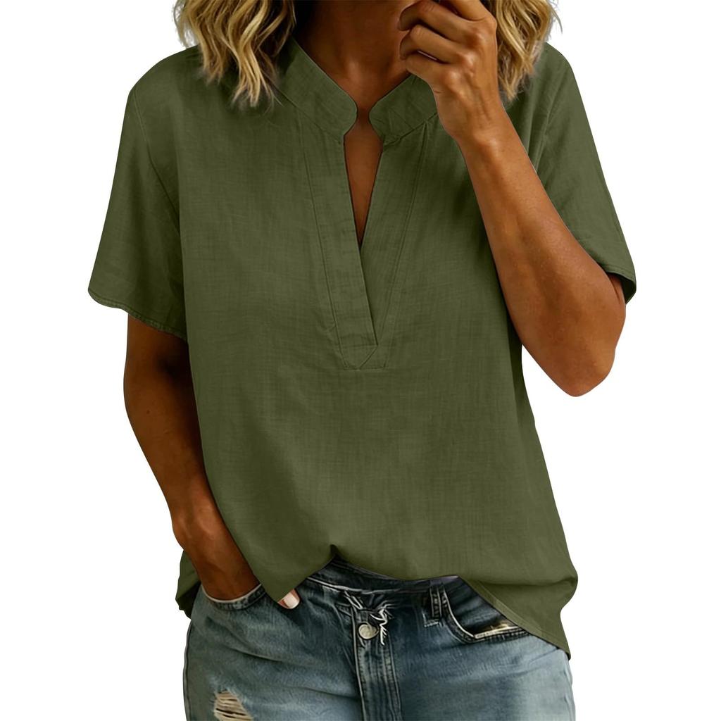 Women's V Neck Short Sleeve Shirt Gathered Detail Solid Color Casual Top Lightweight Comfortable Fabric