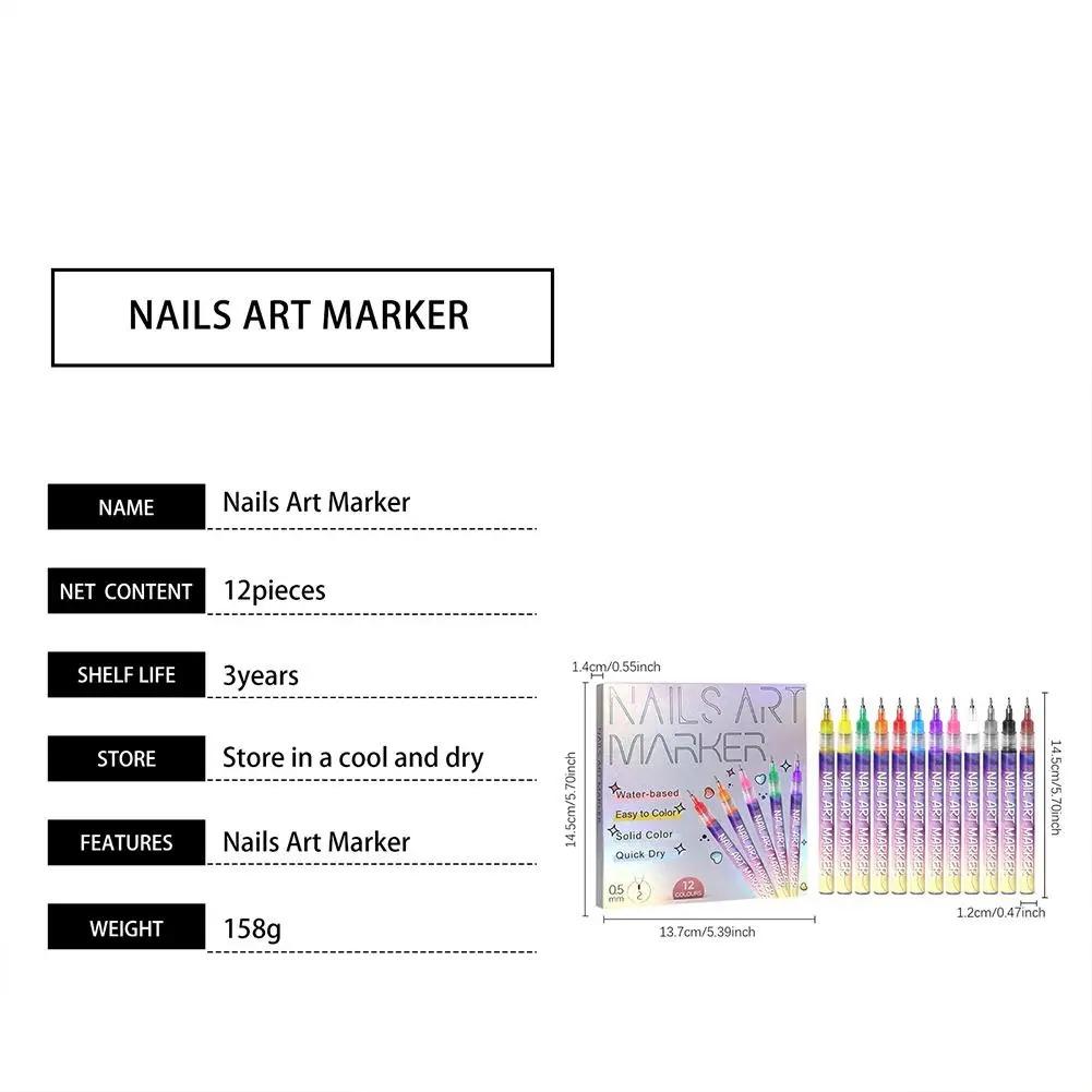 12Pcs/Set Nail Acrylic Graffiti Pen 12 Color Nail Marker Drawing DIY Beauty Nail Art Tools Waterproof and Quick Drying Nail Mark