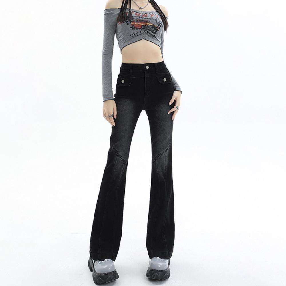 High Street Temperament Slightly Pulled Jeans Women's Spring and Autumn New High-waisted Design Horseshoe Horn Jeans Tide