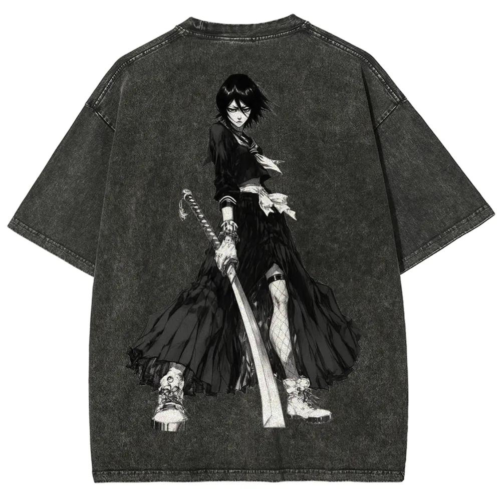 Anime BLEACH Kuchiki Rukia Printed Tee Men Women Washed Cotton T-shirts Short Sleeve Vintage T Shirt Harajuku Oversized Tshirt