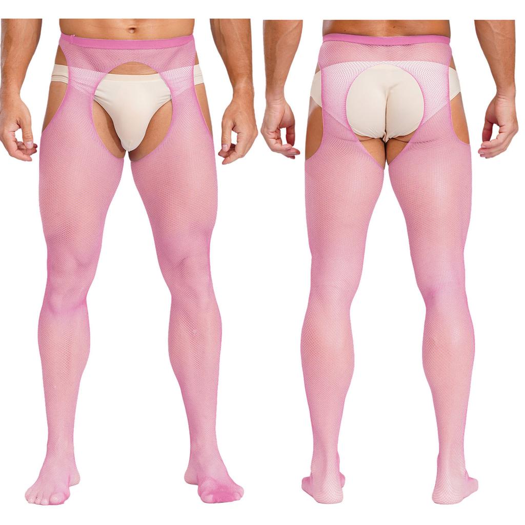 Mens Mid Waist Hollow Out Cutout Opening Crotch Tights Stockings Leggings Elastic Waistband Pantyhose