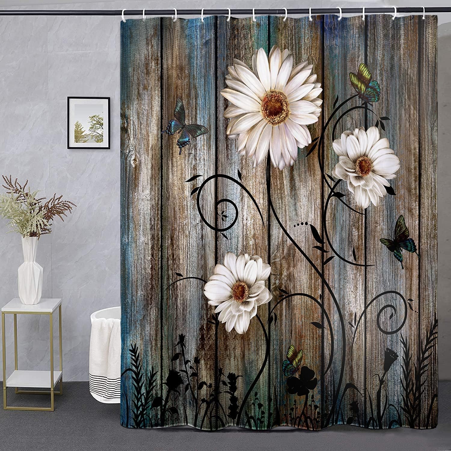 

Rustic Floral Shower Curtain Grey Butterfly Daisy Farmhouse Style 72X72In, Country Bathroom Decor With , American Country Fabric W60H190(CM)-1 Pcs