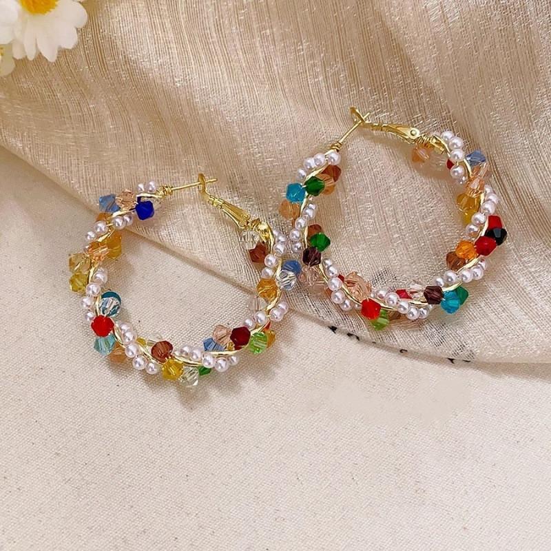 Colorful Dopamine Hoop Earrings For Women  Wrapped Beaded Earcuffs Large Circle Earrings Unique Chunky Threader Ear Jewelry