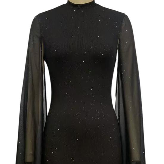 Women's Glitter Cloak Sleeve Mini Dress Sexy Mock Neck Cocktail Party Dress Going Out Wedding Guest Dress