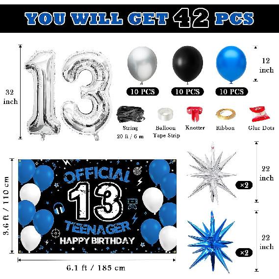 Vicycaty 13th Birthday Decorations for Boys Girls, Official Teenager 13 Years Old Birthday Party Supplies Set with Fabric Backdrop Banner, Foil