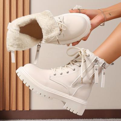 Botine de iarnă pentru femei - căptușite confortabile cu pluș, fermoar lateral, vârf rotund, talpă anti-alunecare, ghete casual de culoare solidă