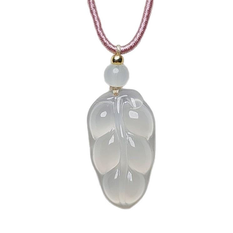 White Chalcedony Agate Pendant Necklace with Golden Branch and Jade Leaf Design