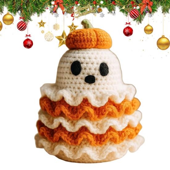 Halloween Crochet Ghost Handmade Knitted Ghost with Pumpkin Hat Cute Plush Ghost Tabletop Decoration for Desk Bookshelf Home Decor