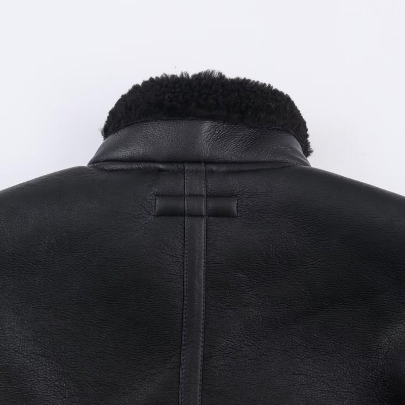 Womens Streetwear Faux Leather Biker Jacket With Zipper Sherpa Lining Loose Fit Black Coat