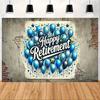2D Happy Retirement Backdrop with Blue Balloons and Stars Party Background