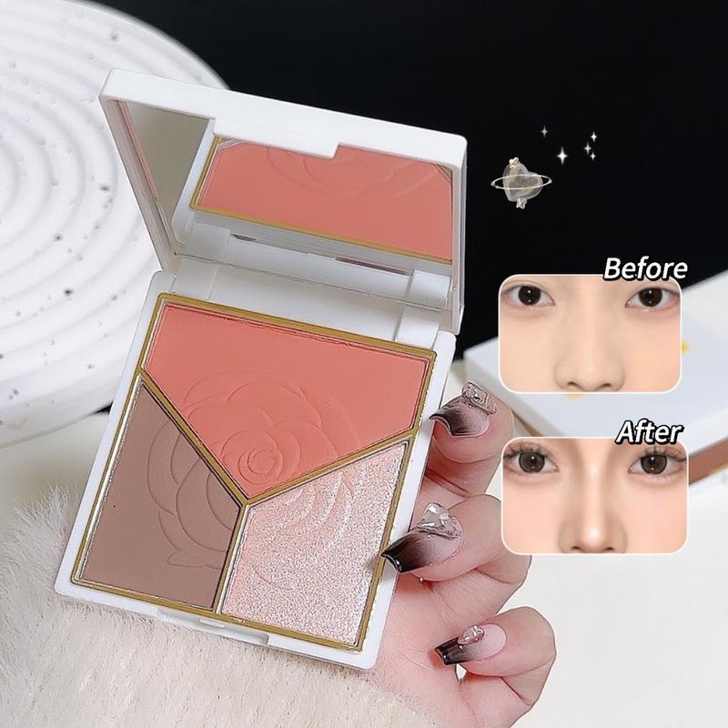 3-in-1 Highlight and Contour Palette - Brightening Nose Shadow, Cheek Shade, and Blush - Matte and Pearl Finishes