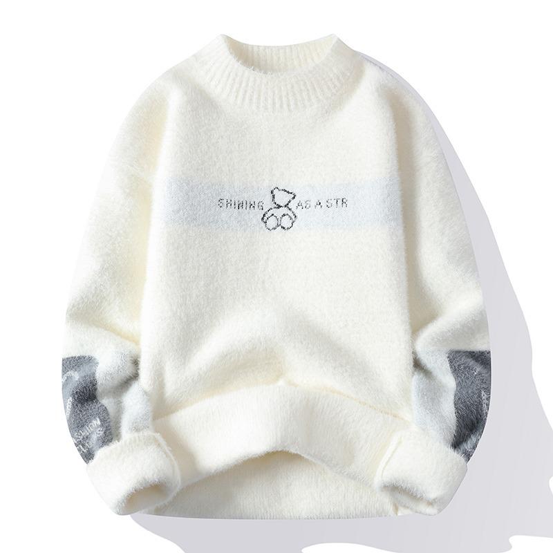 Autumn & Winter Faux Mink Thick Knit Sweater for Teen Boys - Trendy White Couples Wear Large