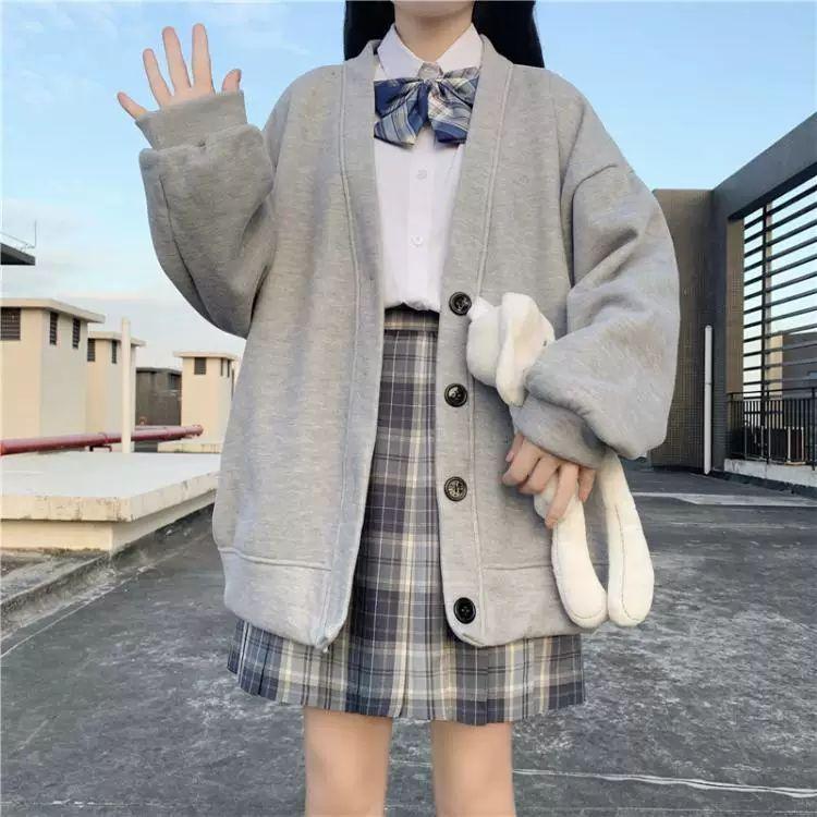 Japanese Fashion College Loose V-neck Cardigan New Sweater Female Outer Wear Sweater Coat Japanese School Uniform