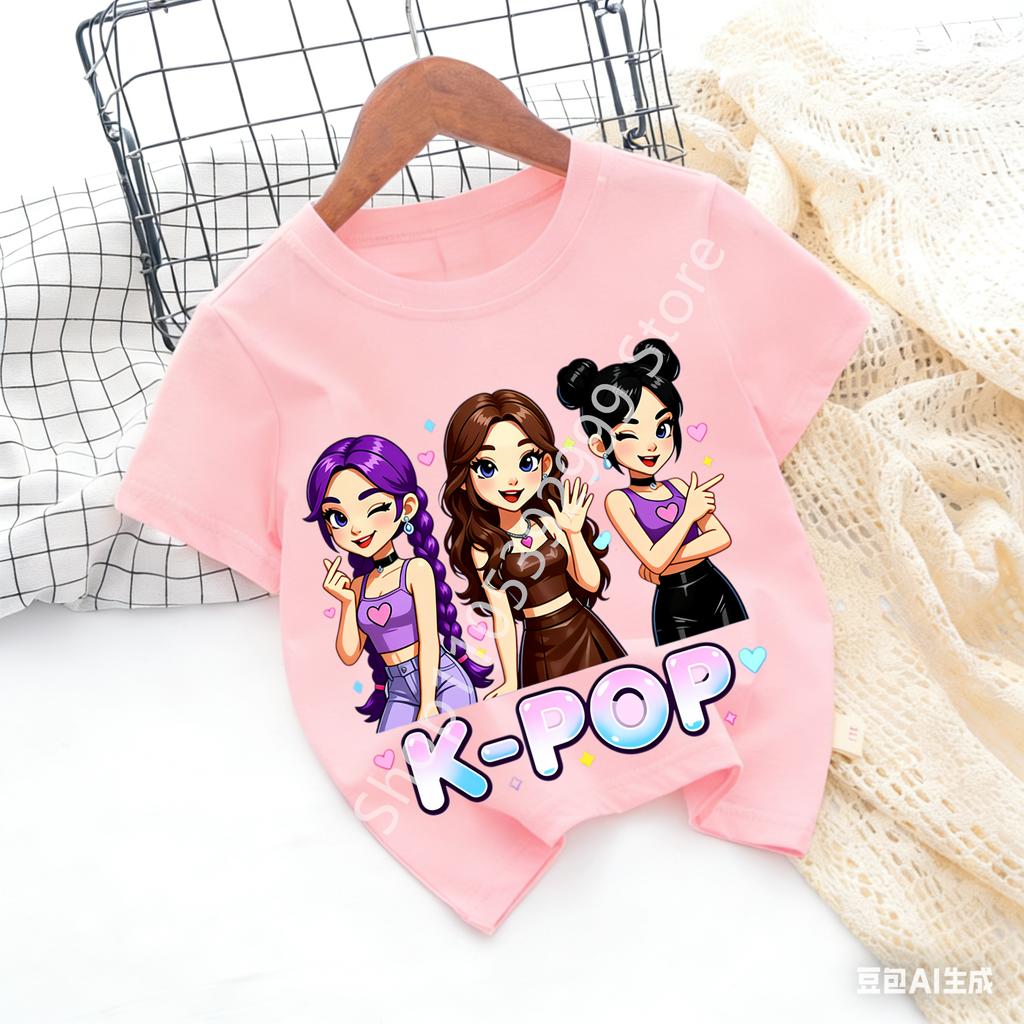 2026 Girls KPOP Idol Group Print Short Sleeve Boys and Girls TShirt Cute Cartoon Graphic Tee Kids Summer Casual Top
