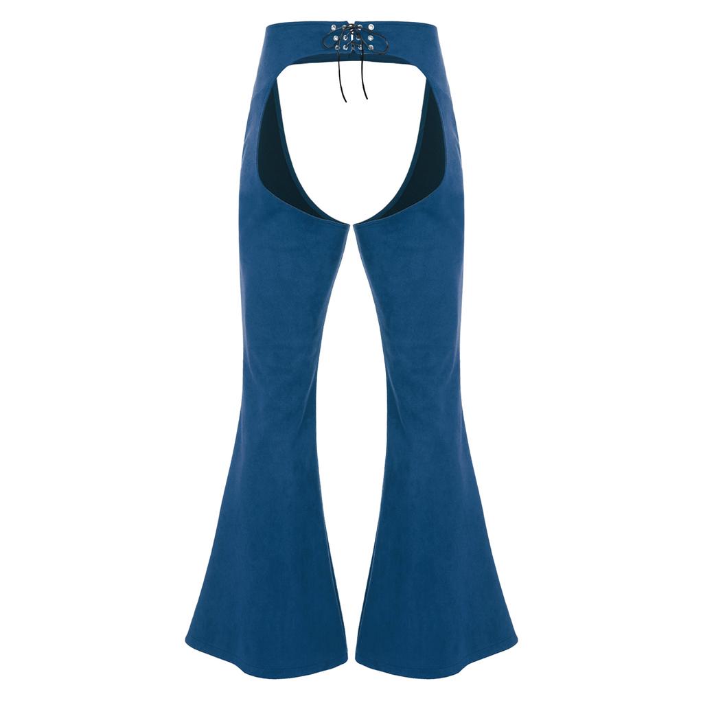 Mens Vintage Faux Suede Pants Adjustable Waist Hollow Out Design Cowboy Biker Style Wide Leg Riding Trousers