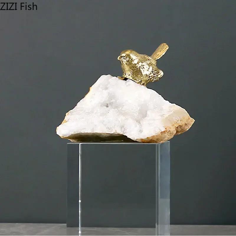 Golden Bird Artwork Ornaments Desk Decoration Transparent Crystal Base Gold-plated Bird Sculpture Crafts Room Aesthetics Decor