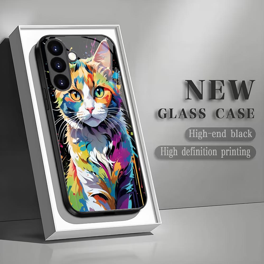 Colorful Cat Black Tempered Glass Phone Case Suitable for Samsung Galaxy S26 S25 S24 S23 S22 S21 S20 FE/Ultra/Plus Anti Fall
