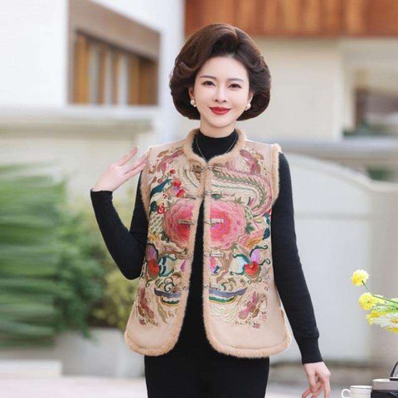 

Китайский вышитый жилет новое пальто женская одежда осень и зима утолщенный жилет дисковая застежка ретро хлопковый жилет 5XL [recommended 150-80kg] хаки