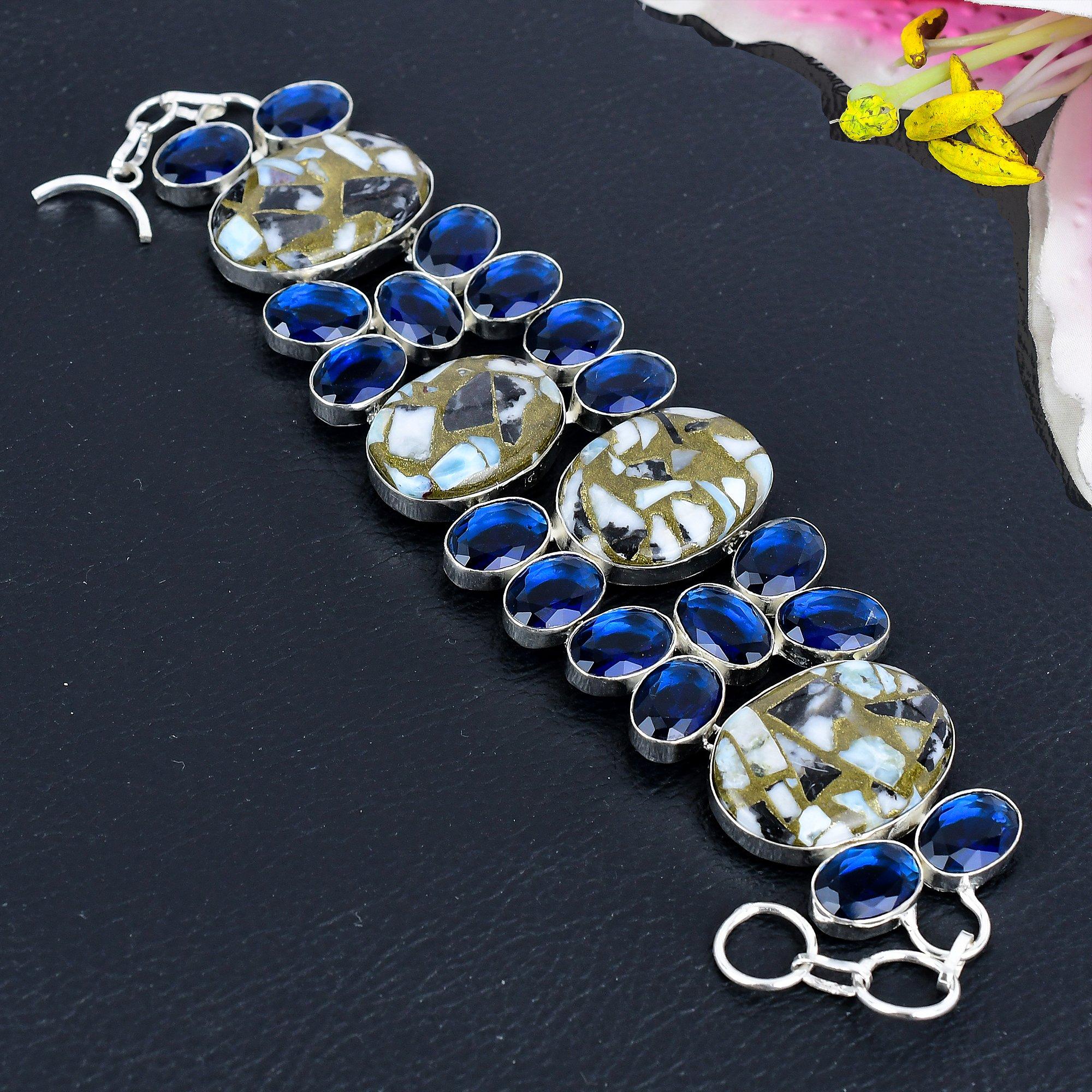 

Copper Larimar, Blue Topaz Gemstone 925 Sterling Silver Bracelet 7-8 KG-1826