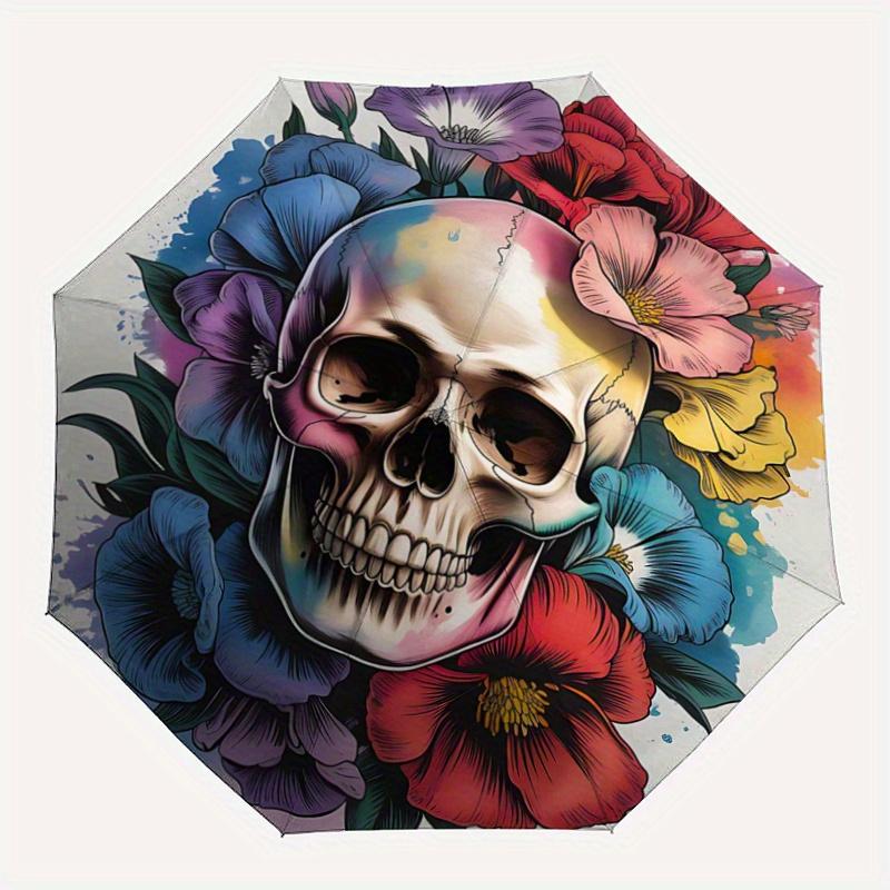 1pc Day of the Dead Skull & Flowers Artwork Automatic Opening and Closing Folding - A Good Choice for Gifts, Fashionable and Convenient Umbrella