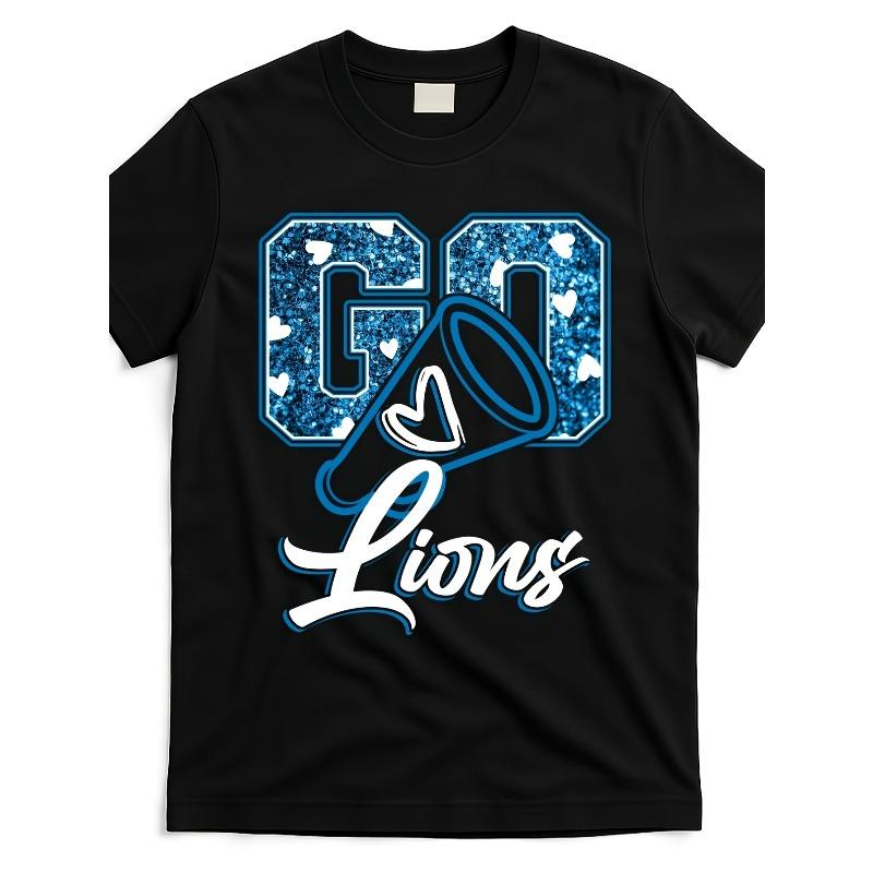 

European sizes Men S Go Lions Graphic T-Shirt - Short Sleeve Tee with Megaphone & Lion Print, Casual Round Neck Sports Fan Apparel for Football Games 4XL чорний