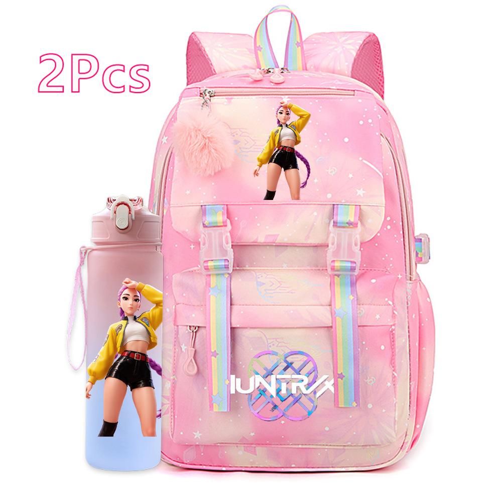 2Pcs/set New Anime Kpop Printed Backpack with 750Ml Water Bottler Large Capacity Travel Bag for Teenager Girl Boy Bookbag Kid Gift Large Capacity Bag