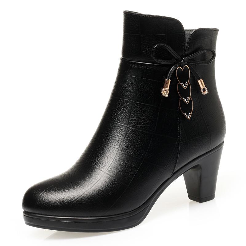6cm 8cm Elegant Comfortable Soft Leather Plush Motorcycle Boots Winter 2025 Block High Heels Shoes Warm Ankle Boots for Office
