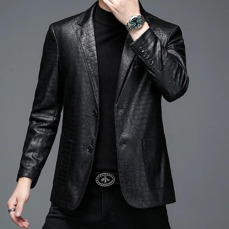 Men's Spring and Autumn Pu Leather Jacket, Suit Collar, Short Casual Suit Jacket