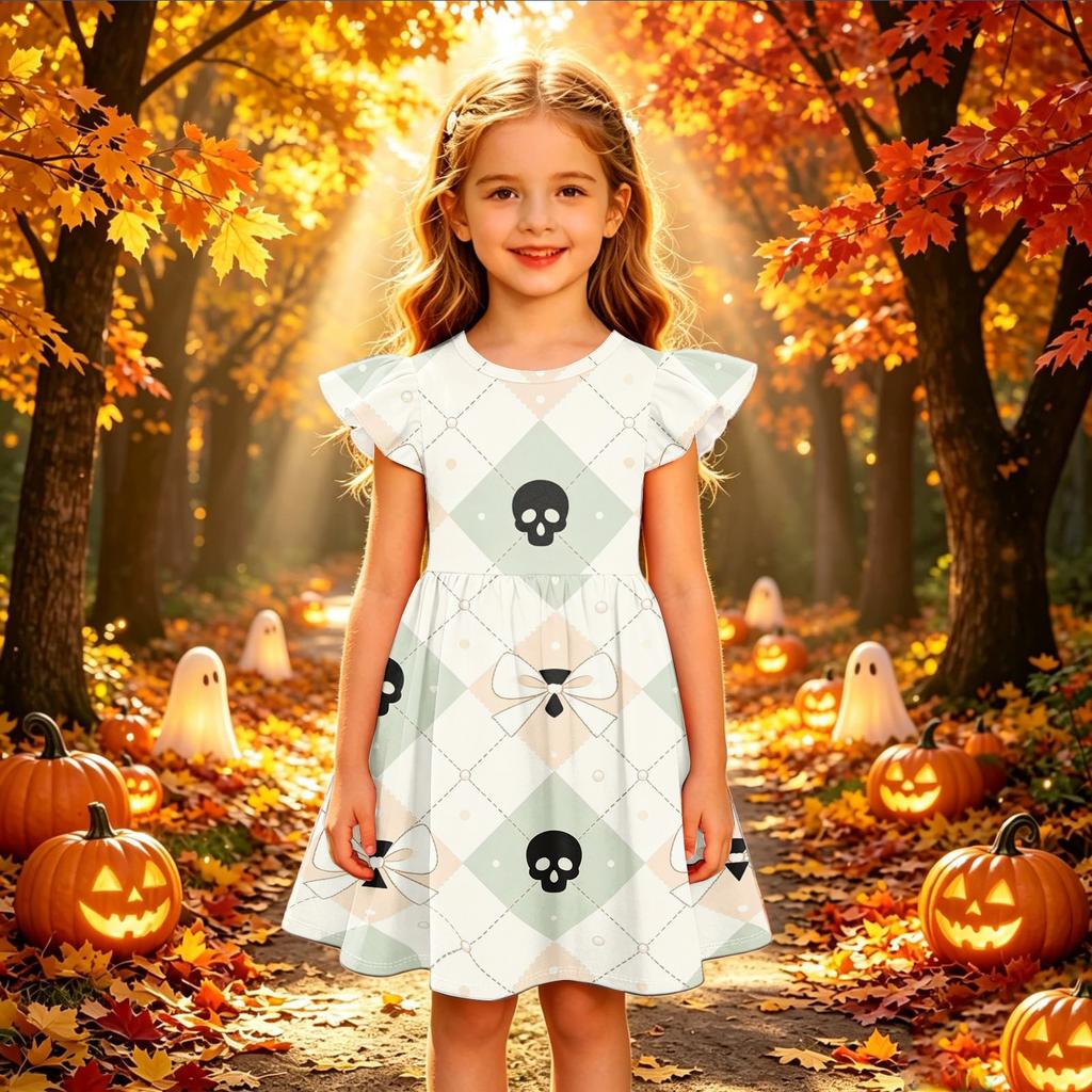 Kids Casual Halloween Printed Sleeve Dress for Party and Holiday