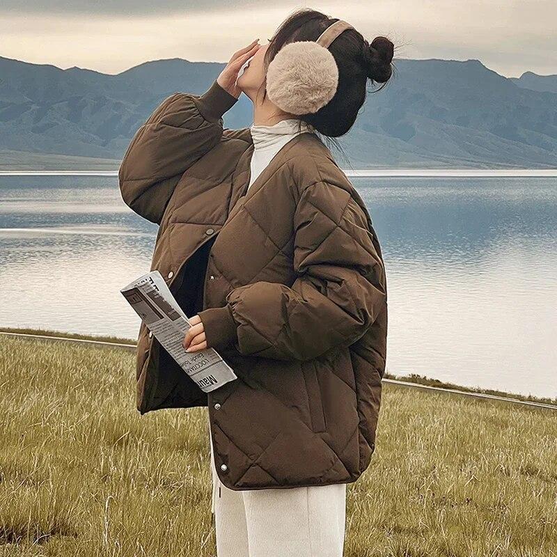 2023 Long Sleeve Casual Loose Coat Fashion Women Office-lady Cotton Jacket Warm O-neck Korean Thickened Tops  30005