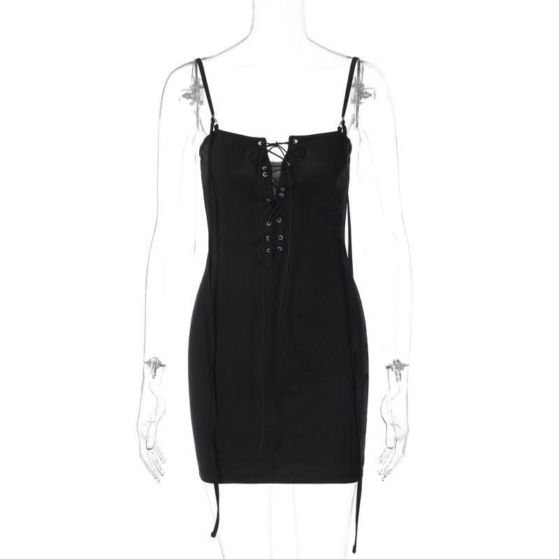 

One Line Neckline Hollowed out Camisole Dress Cutout Sling Dress Black L
