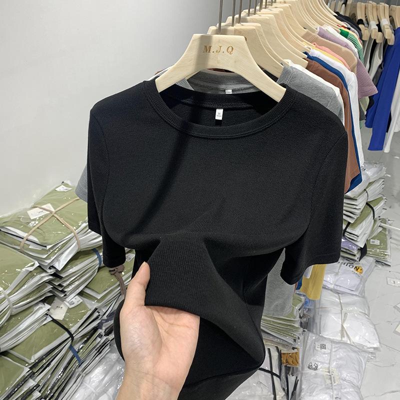 European Threaded Short-sleeved T-shirt for Women Spring and Summer New Round Neck Slimming Bottoming T-shirt Small Shirt Solid Color Versatile Top
