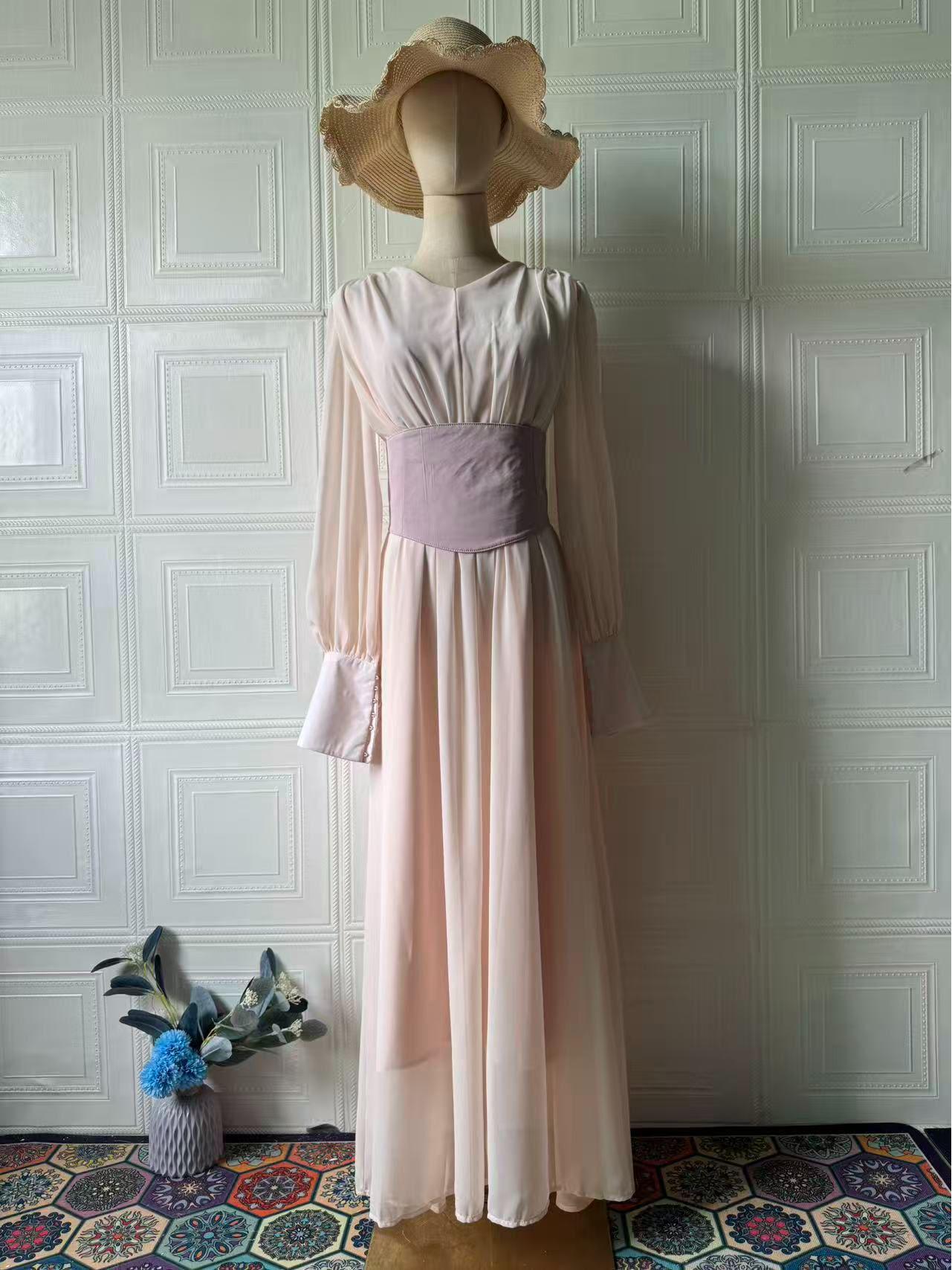 

Платье в стиле весенней феи 2025 года, в ретро-стиле, с длинным рукавом и завязкой на талии для женщин S светло-розовый