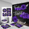 4-Piece Blue Rose Shower Curtain Set, Thank You Blessing Bathroom Curtain With Non-Slip Carpet Toilet Cover Pad U-Shaped Pad
