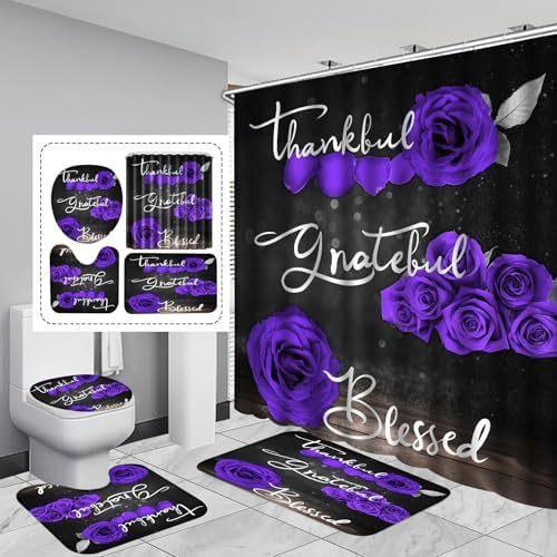 4-Piece Blue Rose Shower Curtain Set, Thank You Blessing Bathroom Curtain With Non-Slip Carpet Toilet Cover Pad U-Shaped Pad